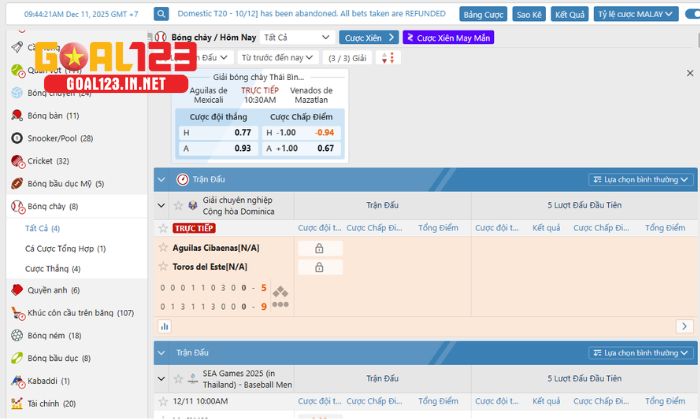 Bảng tỷ lệ kèo cá cược bóng chày mới nhất tại Goal123