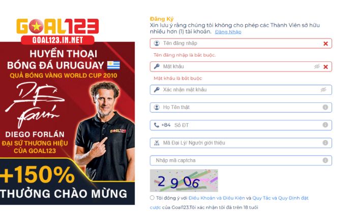 Đăng ký tài khoản tại Goal123 hoàn toàn miễn phí